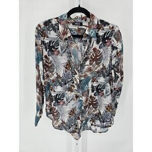 Mela Purdie Womens Sz S 100% Silk Long Sleeve Blouse Tropical Floral Print